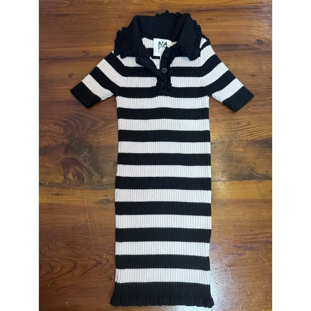 Milly Minis Girls Ribbed Striped Ruffle-Trim Polo Dress Size 4/5